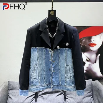 PFHQ 2023 Diseño de Moda Denim Patchwork Traje de Abrigo de los Hombres de la Moda de Primavera Blazer Elegante Casual Suelto Chaquetas de Alta Calidad Original