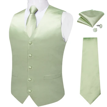Verde salvia Sólido de Seda Traje de Chaleco para los Hombres de Corbata Pañuelo Gemelos de la Fiesta de la Boda Formal Esmoquin Masculino Chaqueta Chaleco