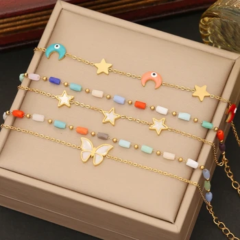 Doble Capa de colores de la Luna de la Estrella de la Pulsera de las Mujeres de la Muchacha de Acero Inoxidable de Corea Minimalista Adjusable de la Mariposa de los Brazaletes de la Joyería