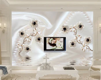 Fondo de pantalla personalizado en 3D Simple de la Joyería de la Perla de la Flor de Agua de Reflexión de la Onda de Lujo, Salón de TV de Fondo de la Pared Decoración del Hogar Mural