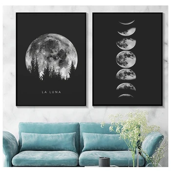 Negro Blanco Luna Minimalista de la Luna Llena Arte del Cartel Fases Imprime Sistema Solar Imagen de la Lona de Pintura de Decoración para la Sala de estar