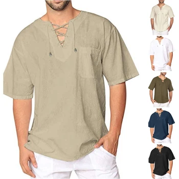 Verano Nuevos Hombres de Manga Corta T-shirt de Algodón Camisa de Cáñamo Atado de Plomo Casual Hombres camiseta Camiseta