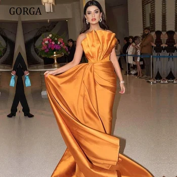 GORGA Vestidos de Noche Formales Ocasión de Fiesta Elegante para las Mujeres Prom Tribunal Tren Plisado sin Tirantes de Encaje Asimétrico de la Vaina de Naranja