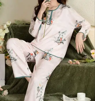 2PC Impresión de Pijamas O-Cuello de las Mujeres ropa de dormir ropa de Dormir Traje Loungewear Primavera Otoño Rayón Pijamas Lencería Íntima