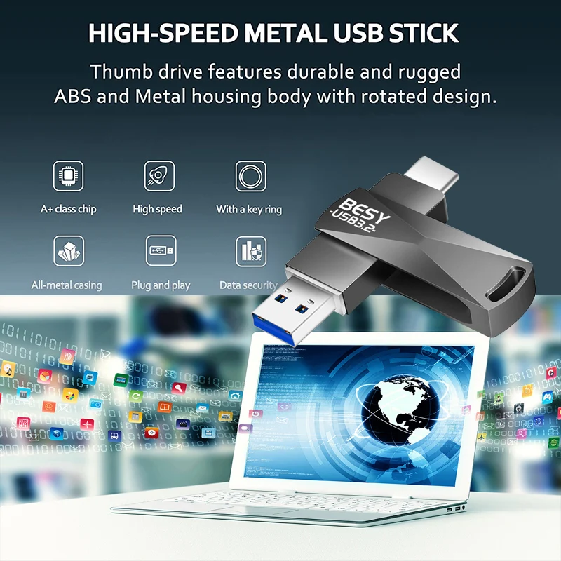 2 en 1 USB OTG-C Flash de la Pluma de Metal de la Unidad de Memoria Stick Usb 3.0, Disco flash de 128GB 256G 512G USB3.0 Dual C Pendrive envío gratis - 0