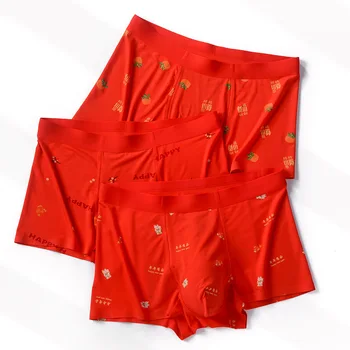 Los hombres Natal Año Rojo Ropa interior Antibacteriano Boxershorts Modal Transpirable sin costuras de la ropa interior ropa interior Masculina de la Boda boxers