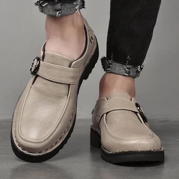 De Alta Calidad De Estilo Británico Primavera Otoño De Cuero Genuino Zapatos De Los Hombres De Negro, De Color Caqui Sólidos Hombre Diaria De Vestir: Casual Zapatos Clásicos