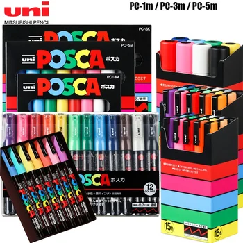 Uni Poscas Acrílico Marcadores Conjunto de Combinación de Colores Permanentes de Pintura PC-1M/3M/5M Arte de Papelería POP Cartel de Publicidad de Graffiti