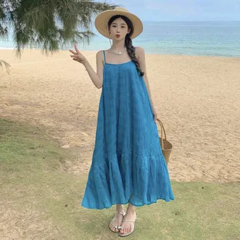 De gama alta de Tela Suave Lago Azul Larga Vestido de las Mujeres de Verano de Corea Suelto Temperamento Gran Swing de Vacaciones de Estilo de la Liga de Vestir