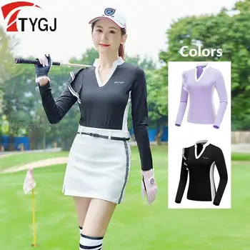 TTYGJ de Golf de las Mujeres de Manga Larga Tops de Cuello V Slim Deportes Camisetas de las Señoras de la Colmena de Alta elasticidad de Moda de Camisetas de Nueva Ropa de Golf
