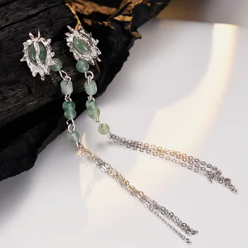 MLKENLY Nuevo estilo Chino borla pendientes mujeres S925 plata esterlina textura verde dongling de jade de la cadena de tira desmontable