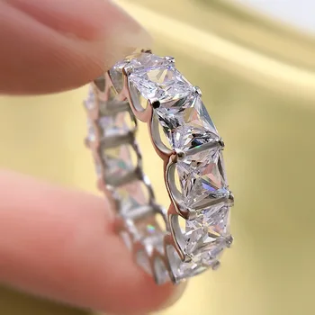 S925 plata de alto carbono de diamante 5 * 5 plaza de la princesa plaza llena fila de diamantes anillo de la moda anillo de diamante de la mujer