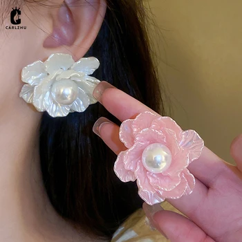 Exagerado Dulce Perla Simulada de Tejido de Flor Aretes para las Mujeres de la Personalidad de la Moda Temperamento del Partido de la Joyería