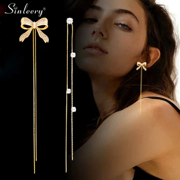 SINLEERY asimétrica de la joyería de Cristal Bowknot Flecos Largos Aretes Para las Mujeres del Color del Oro de la Gota de los Pendientes de la Joyería de la Moda 