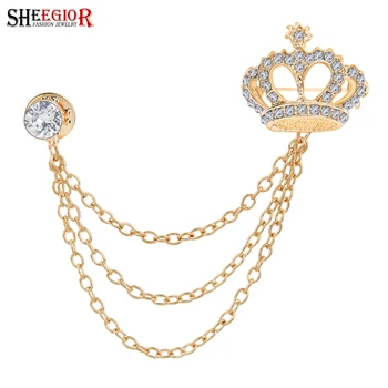 Corona de cristal Broche de Pines de los Hombres Insignia de la Moda de Capas de Cadenas de Metal Borlas Broches de diamantes de imitación para las Mujeres Accesorios de la Joyería Regalos