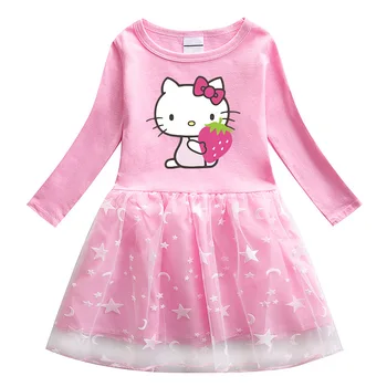 Sanrio hello kitty vestido de niña de 2022, la primavera y el otoño nuevos niños ropa de la princesa plisado estrella vestido de malla