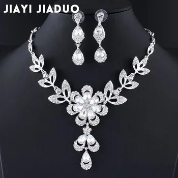 jiayijiaduo Simple Nupcial conjuntos de joyas de Cristal de Flores de color Plata collar/pendiente conjunto de ropa de mujer accesorios de boda