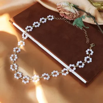 La minoría de Estilo Simulado de la Perla de la Flor de la Joyería Conjunto Romántico de Imitación de la Perla Blanca de la Pulsera y Collar Conjunto para las Mujeres 2023 Verano