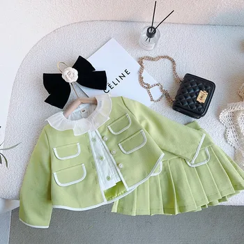 2023 Primavera de Niñas Ropa de Moda Verde vestido de Princesa Botón Cardigan Chaqueta + Falda Plisada 2pcs Set 2-8Y la Ropa de los Niños