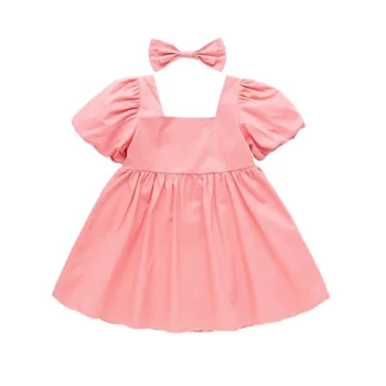 2pc Arco+Bebé del vestido de Verano de las Niñas DressBubble Manga Princesa Vestidos para los Niños franceses Plaza de Cuello de Algodón de lazo Lindo Vestido para las Niñas