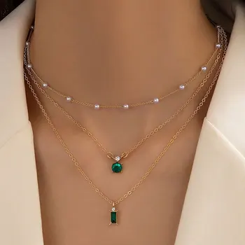 Tocona Elegante Verde de la Piedra de Cristal Colgante de las Mujeres del Collar del Encanto de Arroz Perla Collar Ajustable del Partido de la Joyería del Collar