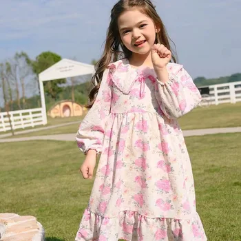 Las niñas vestidos de primavera 2023 nueva solapa de la mitad de la longitud florales impresos para niños bebé Vestido de las niñas