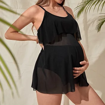 La maternidad Bikini Negro Conjuntos de Verano Suelto de encubrimiento de la Playa Vestido de las Mujeres Embarazadas de Dos piezas de baño Boho Monokini Traje de Baño