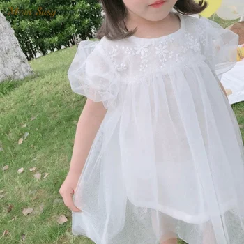 Niña Princesa Bordado Vestido de Encaje Puff Manga de Bebés de Verano Vestido de Fiesta del Desfile de Cumpleaños de Ropa de Bebé 1-7Y