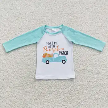 Caliente Vender al por mayor RTS Personalizado Bebé de Manga Larga Azul de la parte Superior de la Ropa de los Niños de Calabaza Parche de Otoño Camisetas