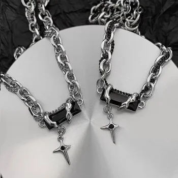 Gótico Estilo de Titanio de Acero de la Cadena de Cordel de Obsidiana Personalizada Punk Estrella Colgante del Encanto del Collar/Pulsera para los Hombres/las Mujeres