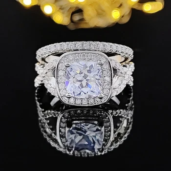 vintage cojín de corte zirconia plata color de la novia el anillo de boda conjunto de las mujeres de la novia el compromiso de la Joyería de la Banda de la eternidad regalo R4867