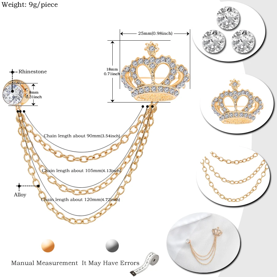 Corona de cristal Broche de Pines de los Hombres Insignia de la Moda de Capas de Cadenas de Metal Borlas Broches de diamantes de imitación para las Mujeres Accesorios de la Joyería Regalos - 2
