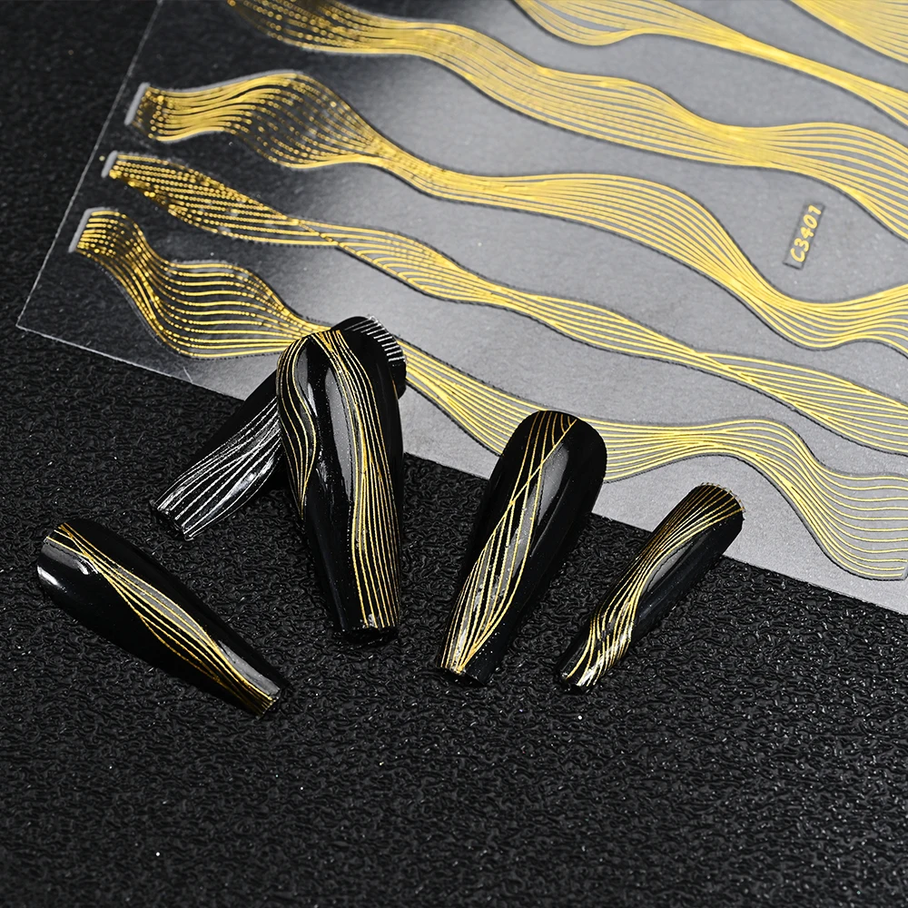 1Pc Línea Metal etiquetas Engomadas del Clavo 3D Holográfica de Oro Rayas de Plata de la Onda de Letras Calcomanías de Manicura francesa Auto-Adhesivo de Accesorios * - 2