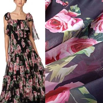 De alta Calidad de Gasa de color Rosa de la Rosa de la Flor de Impresión de la Moda de Tela Para Camisa de Vestir hechas a Mano DIY Costura Material Por el Patio
