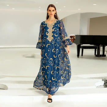 2023 Islam Abaya Vestido Azul Bordado de Malla Abayas para las Mujeres de la Llamarada de los Puños de Gran Vestido de Vestido de Noche para Europa y América