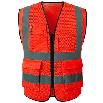 Rojo Chaleco Reflectante Chaleco de Seguridad para los Hombres que Trabajan Chaleco ropa de trabajo con Muchos Bolsillos de Seguridad Chaleco para los Hombres Hi Vis de Malla Transpirable