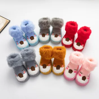 suela de goma calcetines de bebé calcetines de niños zapatos de cuero de la pu de invierno caliente forrada en terciopelo espesar casa zapatilla para los más pequeños bebés calcetines zapatos
