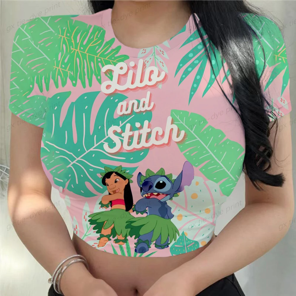 Sexy Kawaii Impresión Mujer Ropa de dibujos animados Y2k Parte de la Puntada de Cultivos de Verano Superior Slim Fit Camiseta Ajustada de las Mujeres T-shirt de Moda de Disney - 0