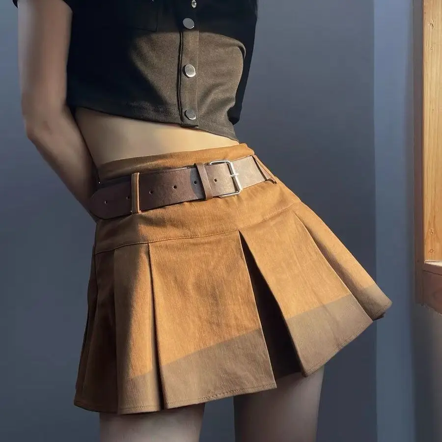 Brown American Vintage Cortos con Cinturón de Falda Plisada de las Mujeres Mini Falda Corta de Talle Alto, Micro Falda Picante de la Chica de la Falda de Una Línea - 0