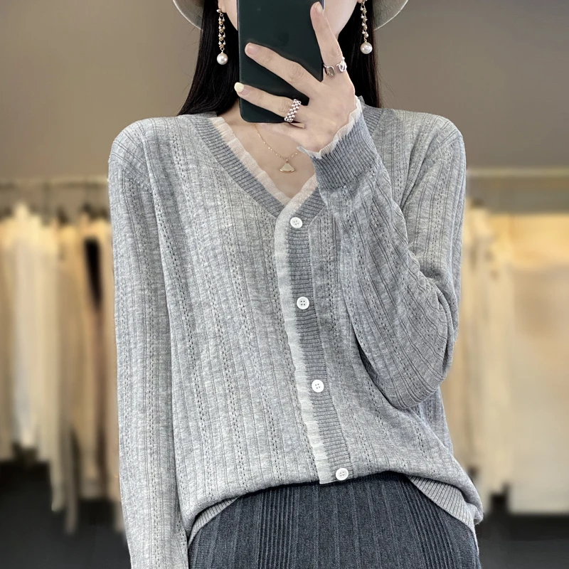2023 la Primavera y el Verano Nueva Moda Slim Fit Mujer Cardigan Suéter de Color Sólido de las Mujeres de Punto de V-cuello Delgado Abrigo Suéter de Lana - 0