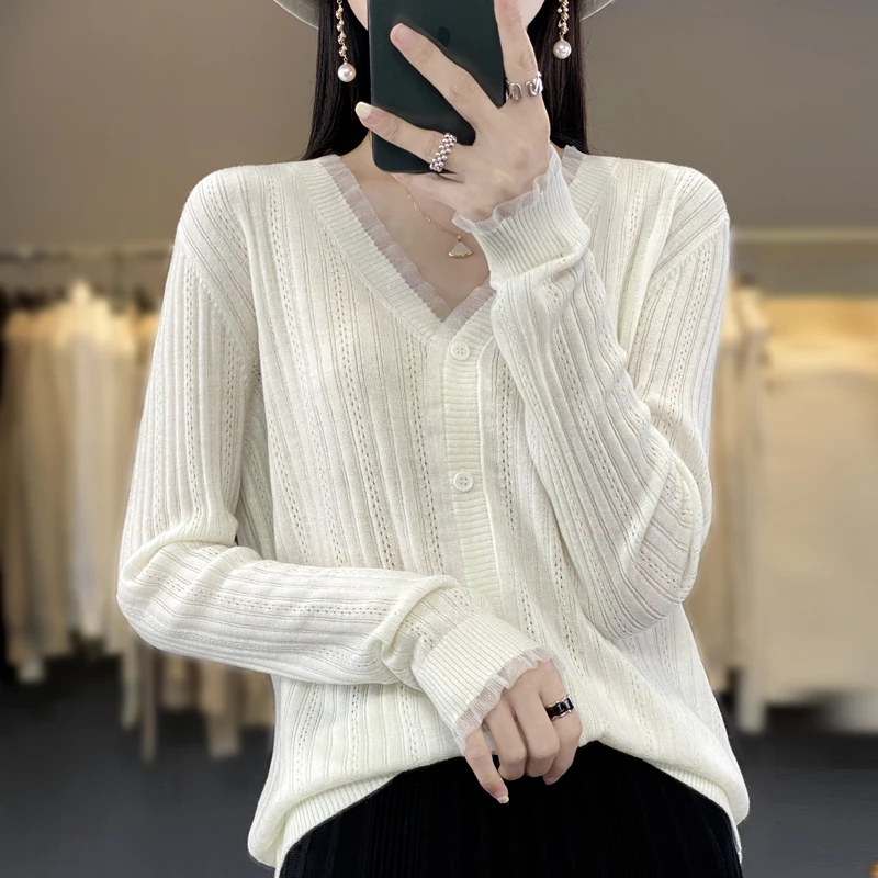 2023 la Primavera y el Verano Nueva Moda Slim Fit Mujer Cardigan Suéter de Color Sólido de las Mujeres de Punto de V-cuello Delgado Abrigo Suéter de Lana - 1