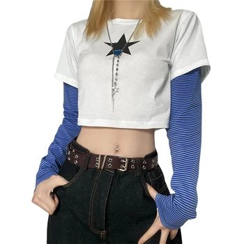Lago y2k de Manga Larga de Recortar la parte Superior de la Camiseta de las Mujeres de Impresión de Estrella de Retazos de Cuello Redondo Camiseta de la década de 2000 Estética Grunge Ropa Streetwear