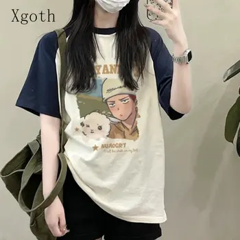 Xgoth coreano Mangas Raglán Único Superior de las Mujeres de los Hombres de Verano de Avanzada Retro Contraste de Color de Manga Corta T-shirt Kawaii Streetwear