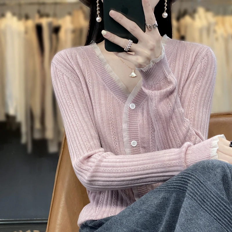 2023 la Primavera y el Verano Nueva Moda Slim Fit Mujer Cardigan Suéter de Color Sólido de las Mujeres de Punto de V-cuello Delgado Abrigo Suéter de Lana - 2