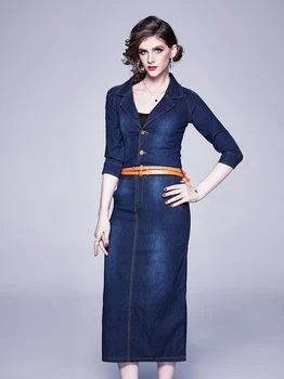 Ropa de mujer de Estilo Europeo Slim Fit jeans Vestido Con Cinturón Longitud de la Cintura del Vestido de las Mujeres de Primavera y Verano Nueva Tendencia de Vestidos