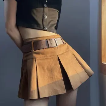 Brown American Vintage Cortos con Cinturón de Falda Plisada de las Mujeres Mini Falda Corta de Talle Alto, Micro Falda Picante de la Chica de la Falda de Una Línea