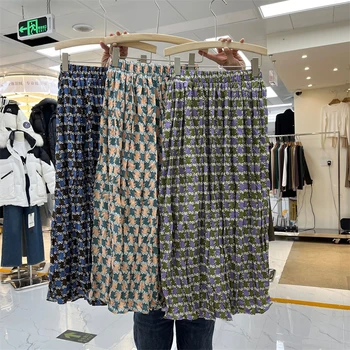 Retro Pliegues de las Mujeres de Cintura Alta Floral Faldas de 2023 Nueva Primavera a Mediados de tiempo de Impresión de la Falda de Todos-partido de Elástico en la Cintura Casual Falda de Una línea