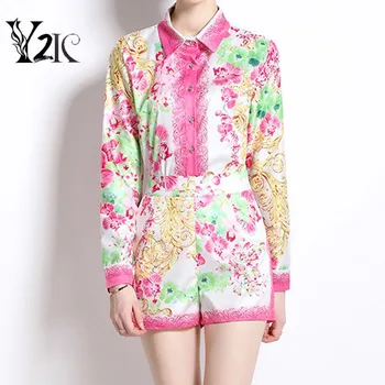 Y2K diseñador de Ropa de la impresión floral elegante streetwear camisa blusas de cintura alta pantalones cortos elegantes trajes de verano para las mujeres de dos piezas de este conjunto