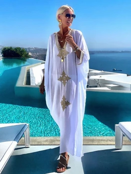 La playa de Caftanes para las Mujeres Musulmanas Vestidos Bordados en Oro Blanco Elegante Maxi Traje Traje de baño de encubrimientos, Trajes de Baño, ropa de playa