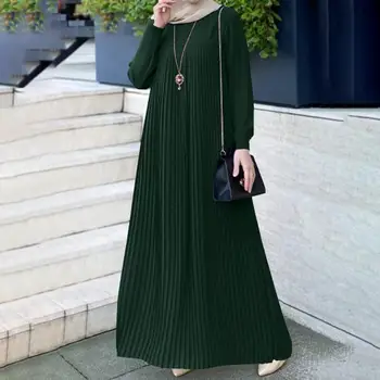 Las Mujeres De La Moda Plisado Musulmanes Vestidos De 2023 Primavera Otoño Kaftan De Manga Larga Maxi Vestidos Casual Sólido Flojo Partido De La Túnica
